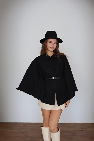 D'RECCY Women's Belted Cashmere Poncho Black