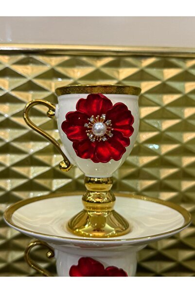 LOKMAN ZÜCCACİYE 6 KİŞİLİK PORSELEN AYAKLI KIRMIZI KADİFE GÜL BRONŞLU KAHVE F...