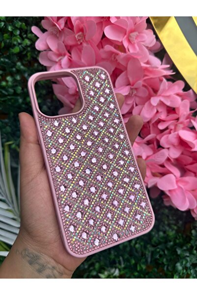15 Pro Max taşlı pembe telefon kılıfı