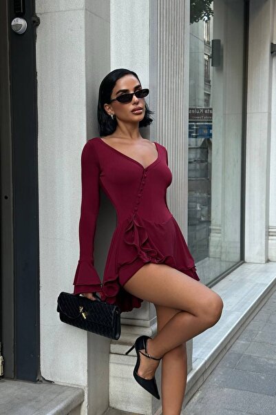 Joana Rochie Bordo Trendy cu sclipici - Mărime medie
