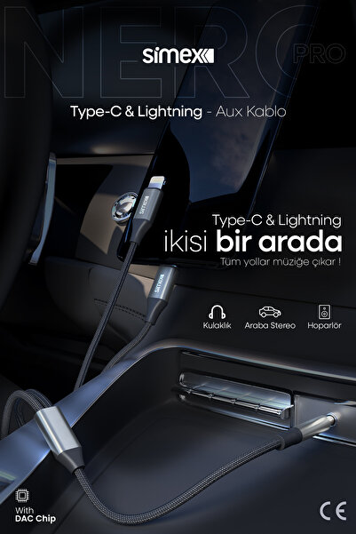 Simex Type C Iphone Lightning To 3.5mm Aux Kumaş Örgülü Ses Kablosu 2in1 DAC Çipli Stereo Destekli