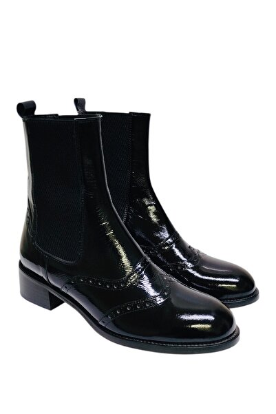 DRY SHOES Hakiki Deri Siyah Rugan Kadın Bot Ayakkabı Yuvarlak Burun Kısa Topuk Yanı Lastikli Çizme X-7016