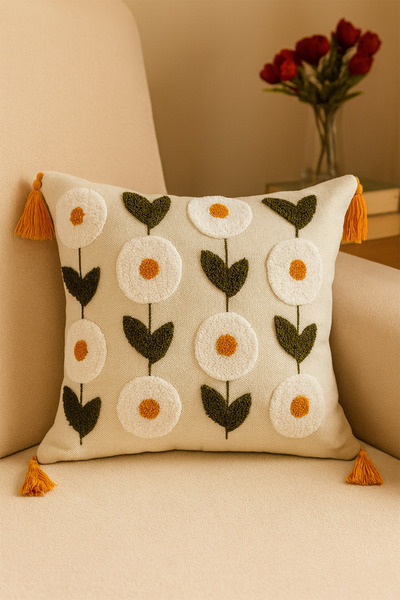 Sepetorium Boho Çiçek Desenli Punch Kırlent Kılıfı – Püsküllü Dekoratif Kırlent Kılıfı