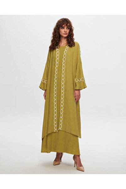 MISS DALIDA T24Y-8011 Sutaşı Detaylı Keten Kaftan OLİVE