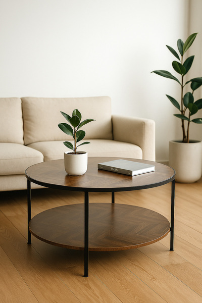 MARIA HOMES طاولة قهوة دائرية بنية اللون مع رفوف خشبية، طاولة مركزية عصرية بإطار معدني أسود، 100×45 سم