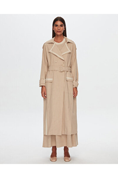 MISS DALIDA T24Y-8023 Çizgili Kruvaze Uzun Keten Ceket BEİGE