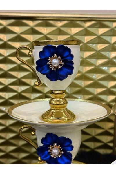 LOKMAN ZÜCCACİYE 6 KİŞİLİK AYAKLI PORSELEN MAVİ GÜL DETAYLI KAHVE FİNCAN TAKIMI 90 ML