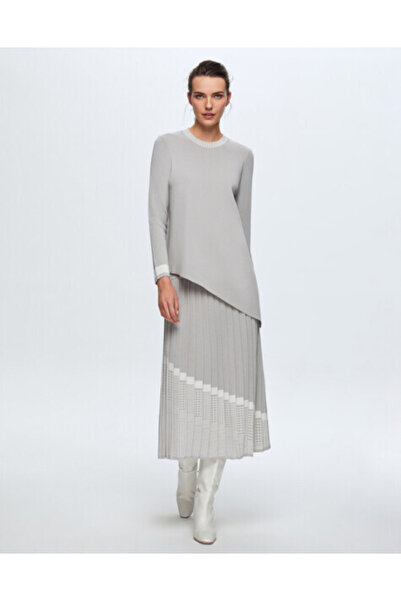 MISS DALIDA T24K-2001 Asimetrik Desenli Plise Etek VİLLA-GREY