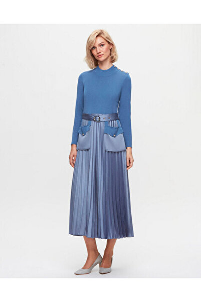 MISS DALIDA T25K-4017 Cep Kapaklı Triko Plise Mavi Elbise