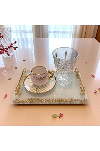 Online Home Market Set of 2 Promise & Engagement Ring Coffee Serving Tray Set – Gold Gilded Yellow Handle, Rectangular Glass Design