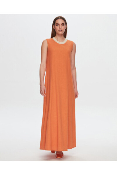 MISS DALIDA T24Y-4036 Triko Yaka Detaylı Kolsuz Keten Elbise ORANGE
