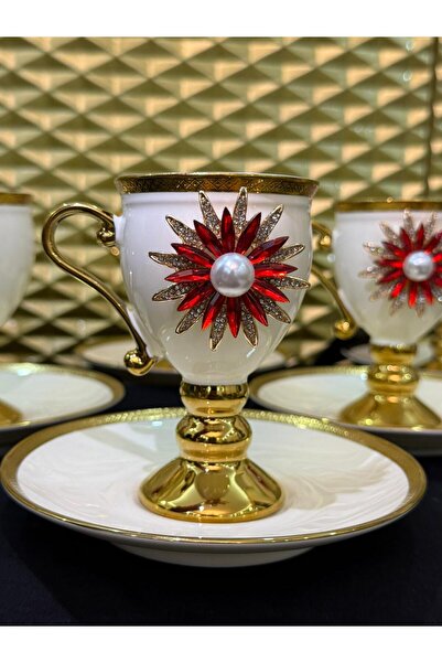 LOKMAN ZÜCCACİYE 6 KİŞİLİK KIRMIZI İNCİ BRONŞLU PORSELEN AYAKLI KAHVE FİNCAN ...