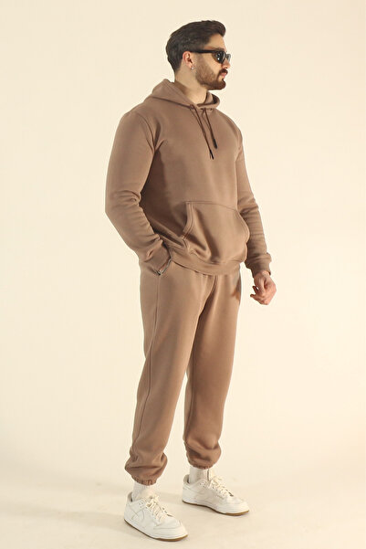 INFLUYENTE Чоловічий базовий світшот з флісовою підкладкою та джоггерами - стандартний, з кишенями-кенгуру та капюшоном