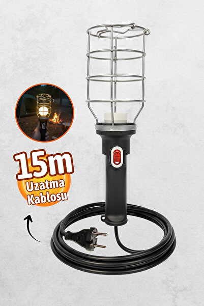 Badem10 Siyah 15 mt Plastik Saplı Metal Koruma Kafesli Kablolu E27 Standart D...