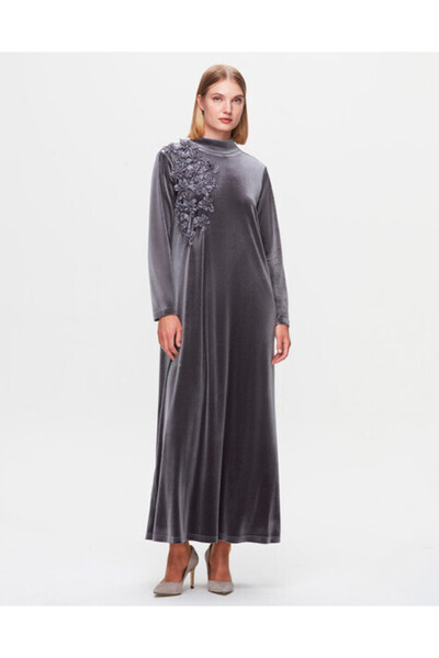MISS DALIDA T25K-4007 A Kesim Kadife Elbise GREY