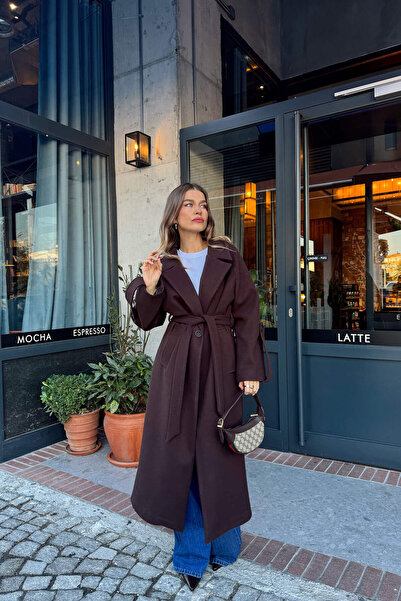 Sue Store Dark Brown Belted Lined Oversized Sleeve Detail Wool Coat