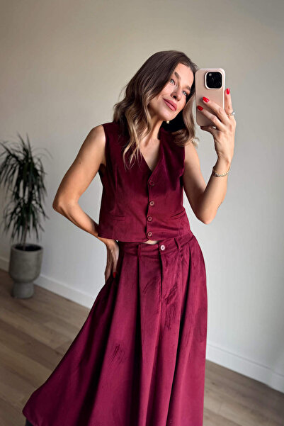 Sue Store Burgundy Slim F Corded Fabric Vest Skirt Velvet Suit