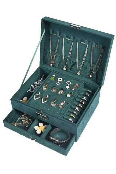 zola Jewelry organizer, made of soft material, pleasant to the touch, green, metal lock, 23x17x10.5 cm