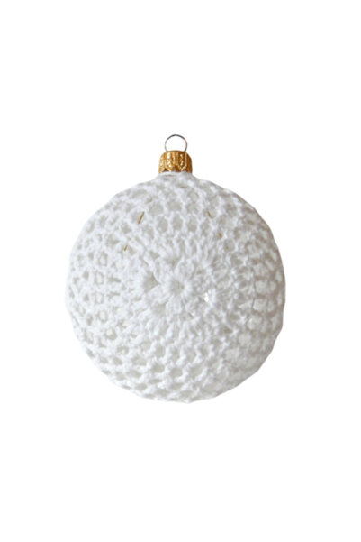 Eom Christmas bauble covered in hand-made white lace (spiral)