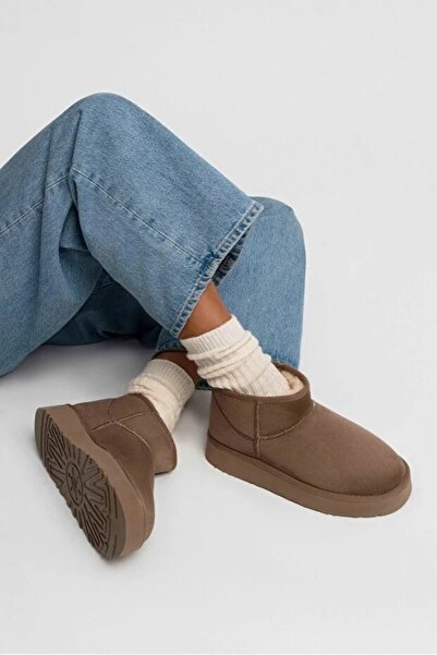 BURAK ALDAY SHOES Γυναικείες μπότες μίνι σουέντ με χοντρή σόλα με επένδυση από γούνα