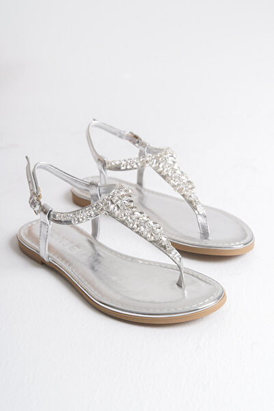 VONJE Nora Silver Colored Stone Flip-Flops Women's Slippers Sandals