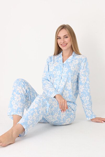 NBB Front Buttoned Pajama Set, 100% Cotton, Floral, Long Sleeve, with Pockets