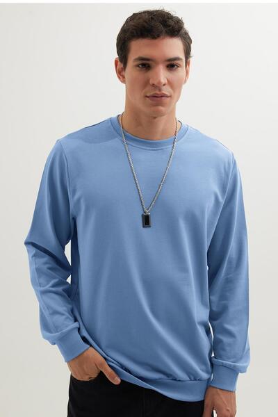 Tudors Erkek Relax Fit Rahat Kesim %100 Pamuk 2 İplik Bisiklet Yaka Mavi Sweatshirt