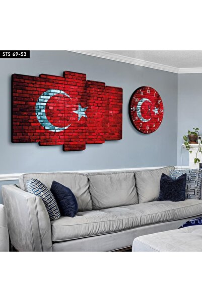 FORONEUS Atatürk Bayraklı 5 li Mdf Tablo ve Saat Seti