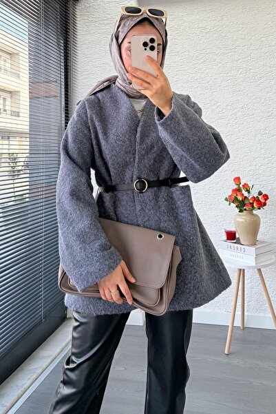 MELEK ARAZ Palton din pâslă Premium decolteu petrecut în V cu centură – Antracit