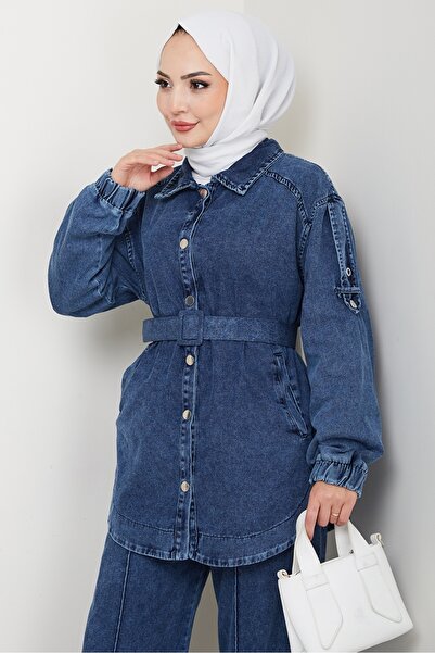 Bestenur Jacket Pants Jeans Two-Piece Set 1637 - Blue