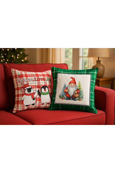 Limon Soft Christmas Themed 2-in-1 Velvet Cushion Cover 43X43 cm Embroidery Look Set Digital Printed