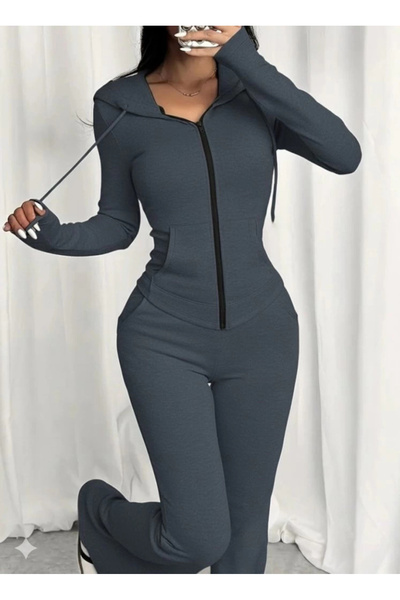 MODA Women's Long Sleeve Hooded Lace-Up Front Zipper Viscose Two Thread Blouse and Pants Two-Piece Set