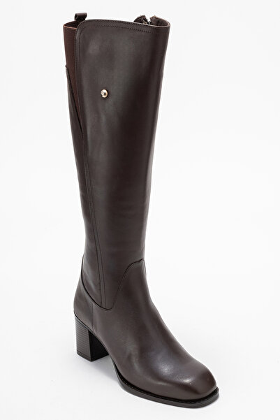 Dericlub Women's Stretch Elastic Blunt Toe Heeled Boots Real Leather Br 88068 Brown