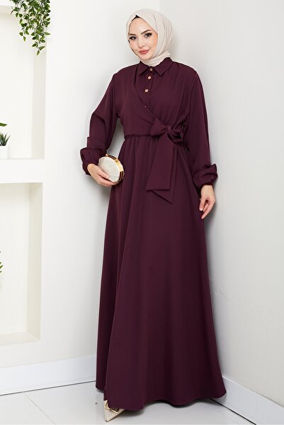 Bestenur Cross Tie Shirt Collar Dress 1636 - Burgundy