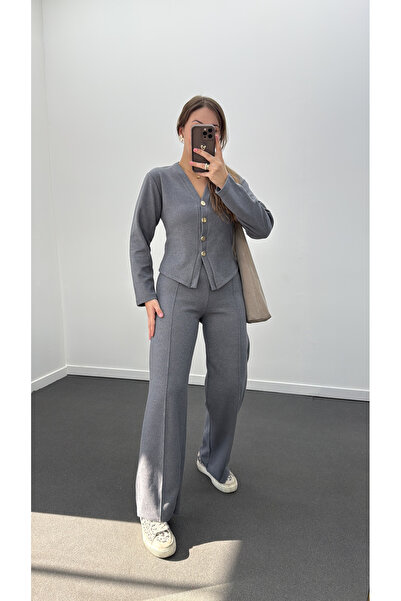 Narferita Freya Gold Buttoned Cardigan and Knitwear Pants Set