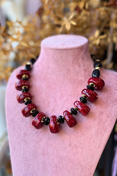 Meva Takı ve Aksesuar Red & Black Color Bead Necklace |   Mev'Armoni Collection