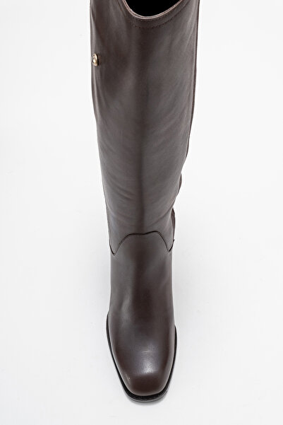 Dericlub Women's Stretch Elastic Blunt Toe Heeled Boots Real Leather Br 88068 Brown