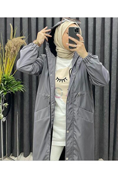 Mikxim Women's Waist Elastic Detailed Hidden Zipper Hooded Trench Coat