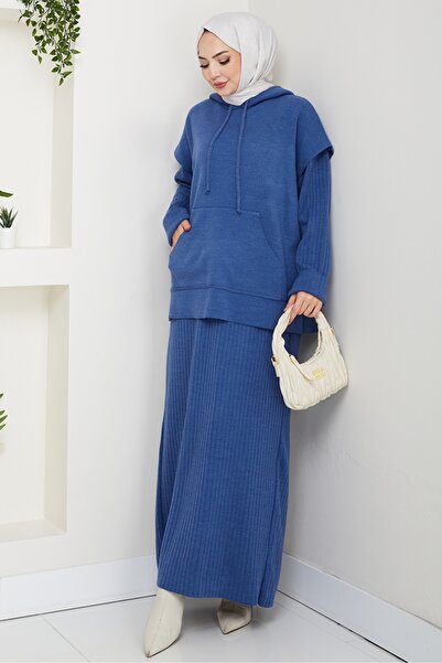 Bestenur με κουκούλα Σετ Πλεκτό Φόρεμα Τουνίκ 1645 - Μπλε