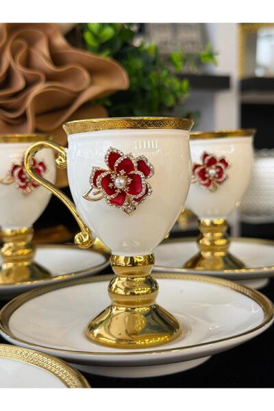 LOKMAN ZÜCCACİYE 6-Piece Stone-Set Red Rose Brooch-Decorated Gilt-Footed Porcelain Coffee Cup Set 90 ml