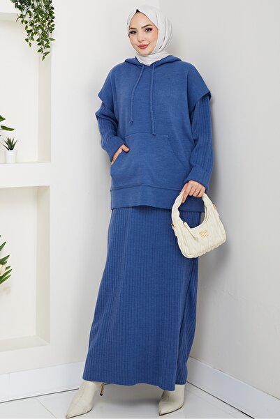 Bestenur με κουκούλα Σετ Πλεκτό Φόρεμα Τουνίκ 1645 - Μπλε