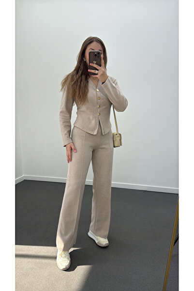 Narferita طقم كارديجان وبنطلون تريكو بأزرار ذهبية من فريا