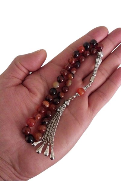 oftenadmire Natural Stone Agate Prayer Beads, 33 Grain Silver Color 4-Piece Drop Model Tassel Prayer Beads, Gift Boxed