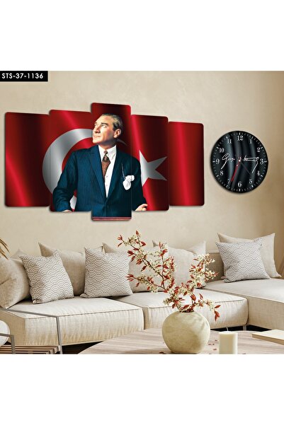 FORONEUS Atatürk Bayraklı 5 li Mdf Tablo ve Saat Seti