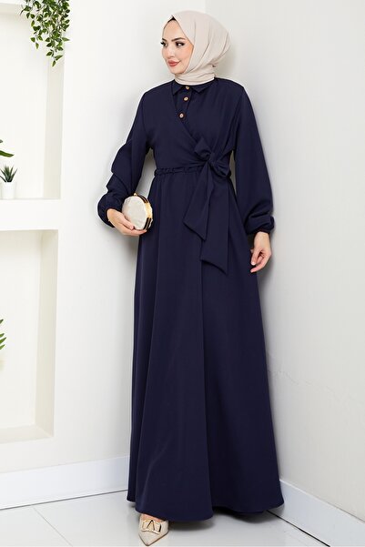 Bestenur Φόρεμα με γιακά πουκάμισο με χιαστί δέσιμο 1636 - Σκούρο μπλε