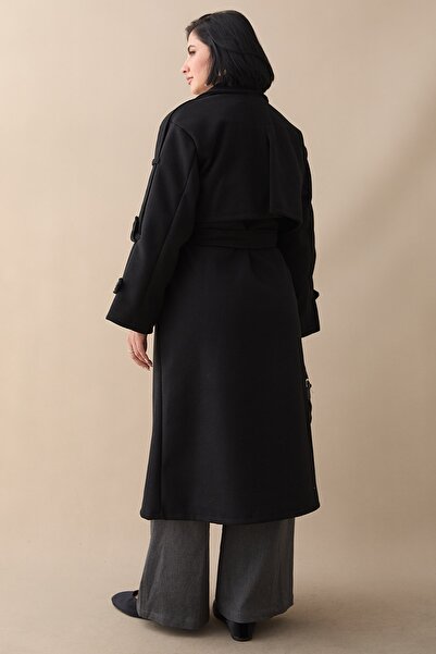 InStyle Облечено с еполети, с колан, без подплата, прекалено голямо черно кашмирено палто