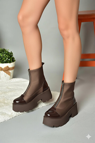 Fox Shoes V820008604 Kahverengi Kumaş Kalın Tabanlı Fermuarlı Kadın Bot