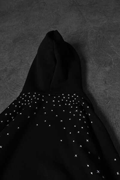 Slatra Men's Black Embroidery Detail Full Zip Oversized Hooded Sweatshirt