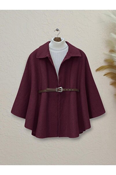 MM Mac Moda Omuzu Düğmeli Beli Kemerli Kaşe Panço