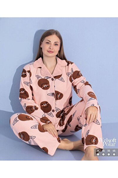 Hirazenmoda Women's Oversized Welsoft Fleece Buttoned Pajama Set – Soft Textured Winter Plush Fabric Loungewear